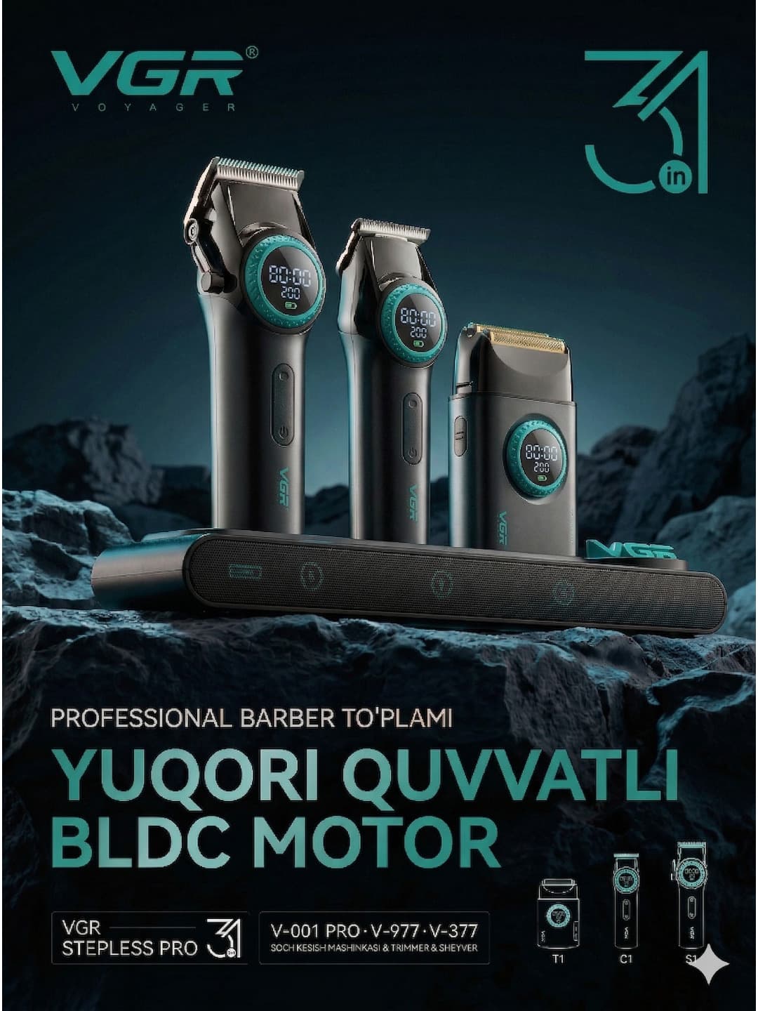 Professional soch kesish mashinkalari to'plami 3ta 1da VGR v-001 v-977 v-377,