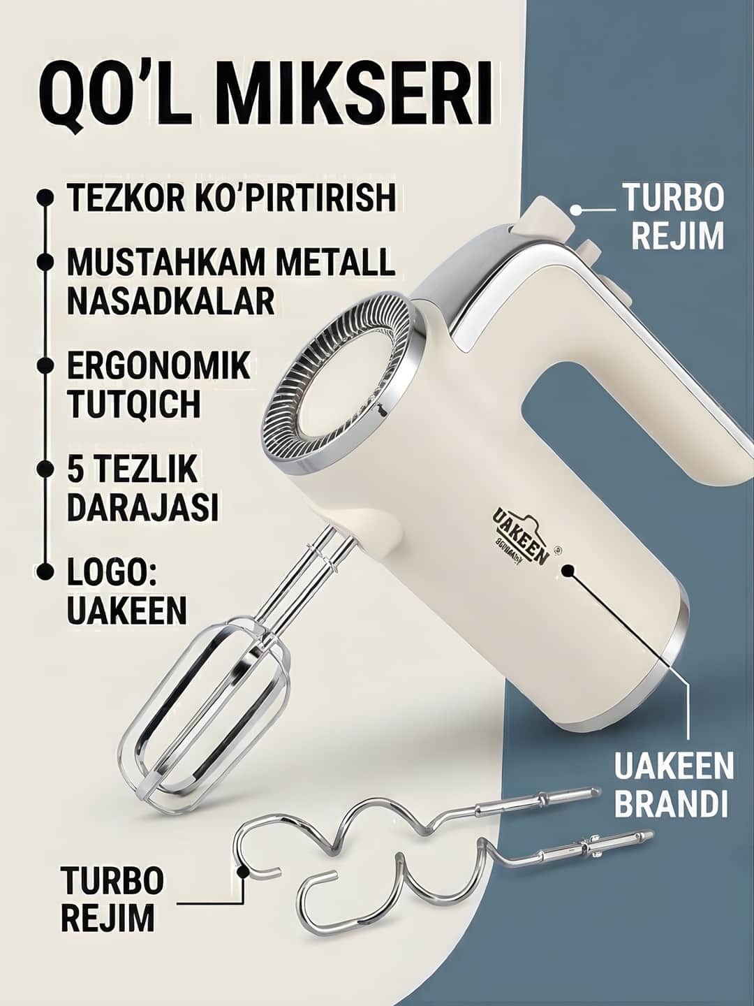 UAKEEN ZL-2303 800W Qo‘l Mikseri — 5 tezlik + Turbo rejimi - Asosiy rasm