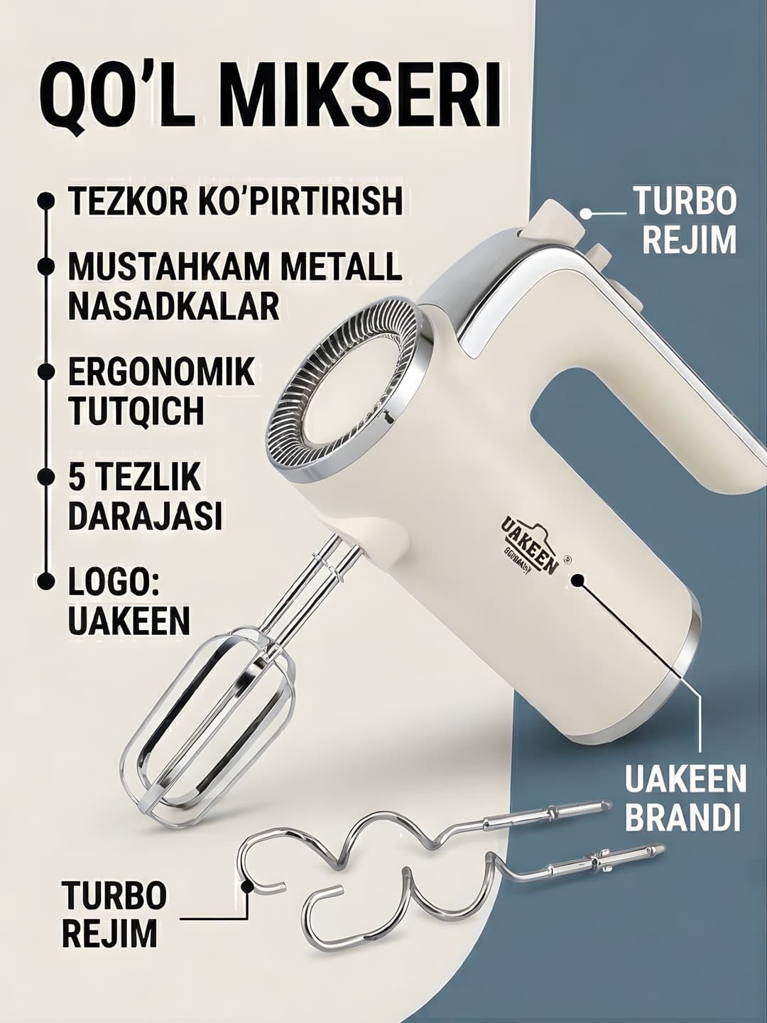 UAKEEN ZL-2303 800W Qo‘l Mikseri — 5 tezlik + Turbo rejimi